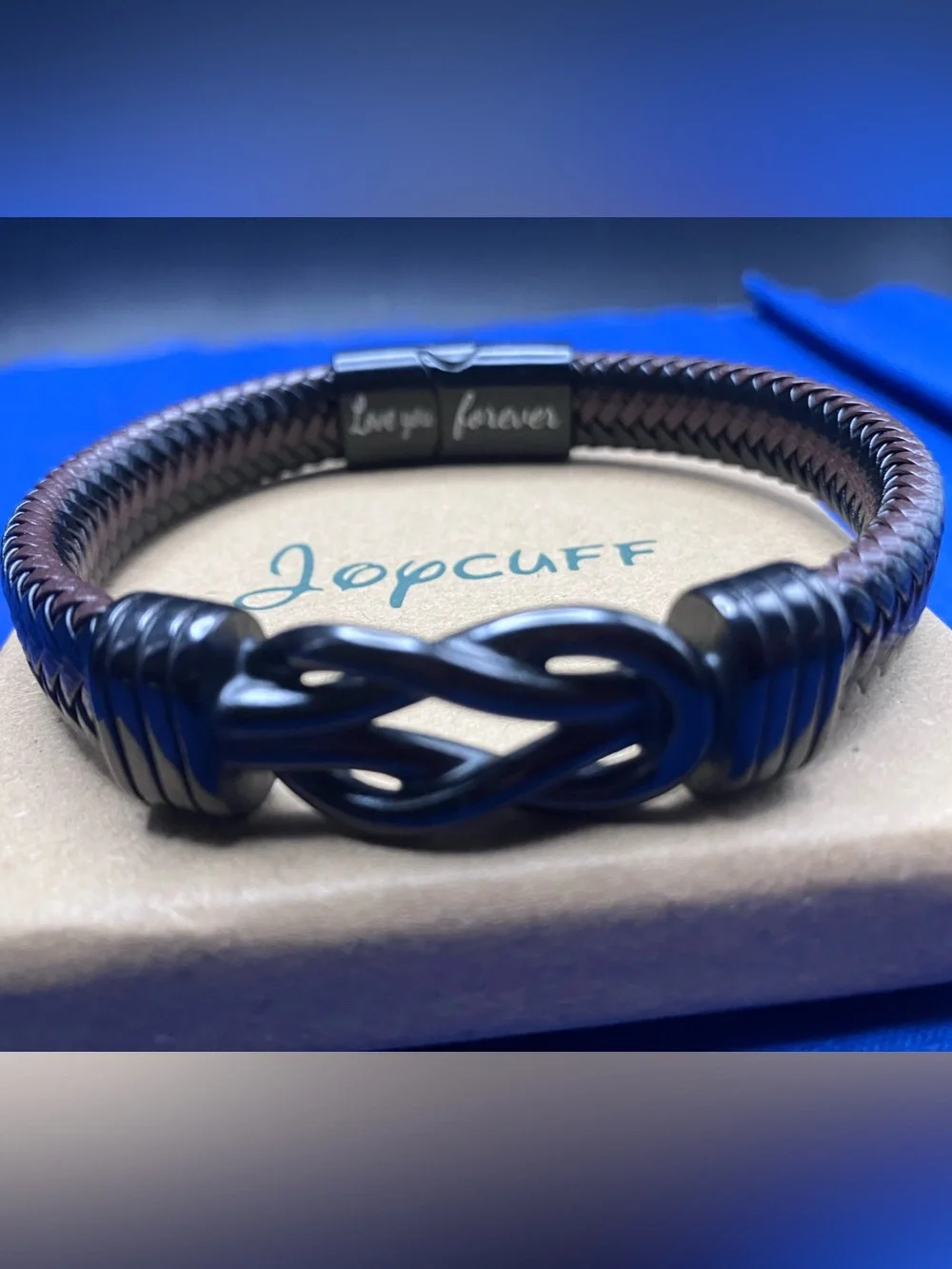 Joycuff Infinite Black Braided Leather Men’s Bracelet with Decorative Clasp